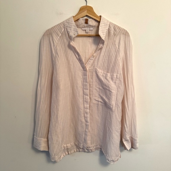 Lunya Silk Linen White Pink Striped Button Up Shirt Pajama Top PJs Medium